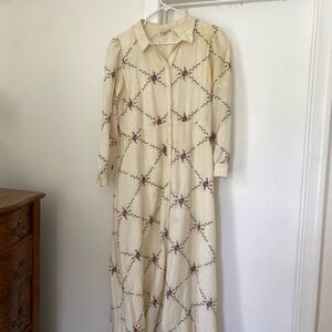 Sezane Cream Maxi Shirt Dress with Multicolor Floral Embroidery